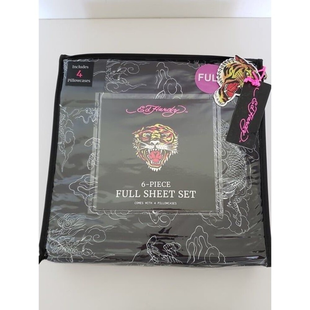 Ed Hardy Full 6 Piece Sheet Set Black White Dragon